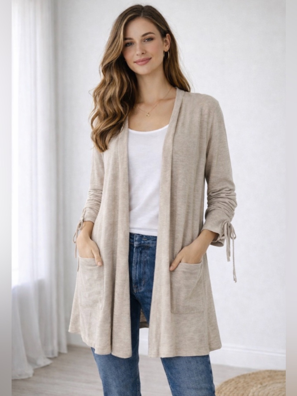 NWOT J. Jill Love Linen Light Tan Open-Front Linen Cardigan